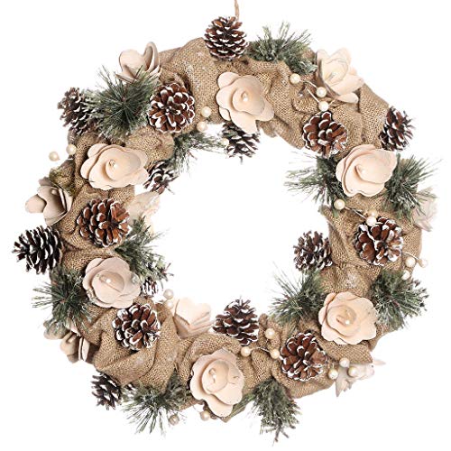 16" Natural Jute & Pine Cone Wreath Cream Wooden Rose Front Door Garland Decoration - D40cm (BM36)