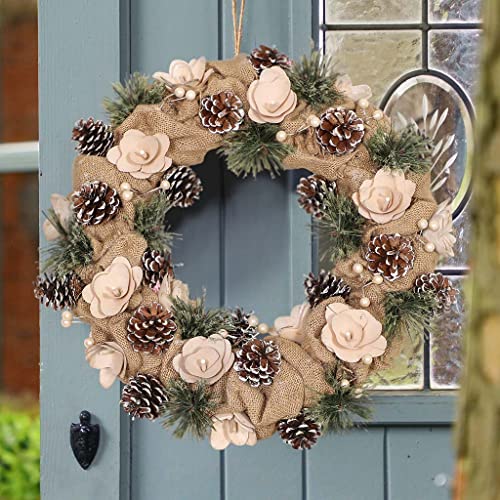 16" Natural Jute & Pine Cone Wreath Cream Wooden Rose Front Door Garland Decoration - D40cm (BM36)
