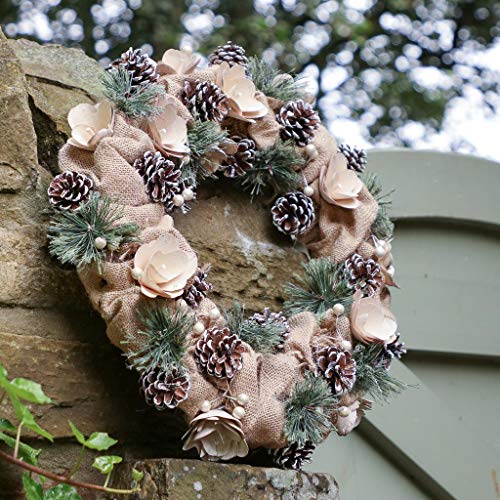 16" Natural Jute & Pine Cone Wreath Cream Wooden Rose Front Door Garland Decoration - D40cm (BM36)