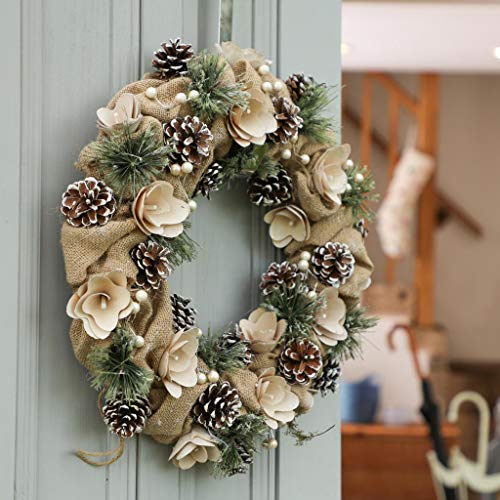 16" Natural Jute & Pine Cone Wreath Cream Wooden Rose Front Door Garland Decoration - D40cm (BM36)