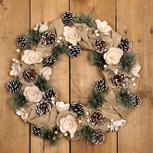 16" Natural Jute & Pine Cone Wreath Cream Wooden Rose Front Door Garland Decoration - D40cm (BM36)