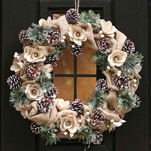 16" Natural Jute & Pine Cone Wreath Cream Wooden Rose Front Door Garland Decoration - D40cm (BM36)