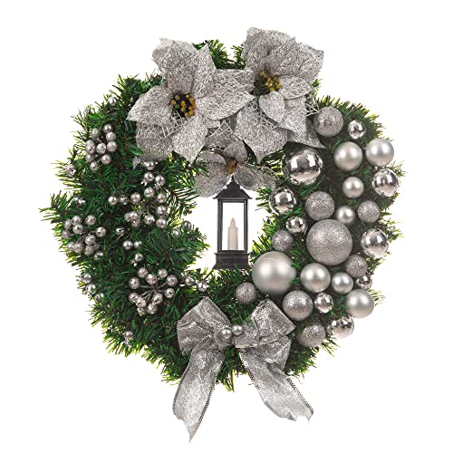 Christmas Village 40cm Holly Wreath With Bows, Baubles And Lantern â Perfect for Hanging on Wall, Door, Window, Conservatory - Festive Decoration Christmas, Holiday, Decor (Grey/Silver)