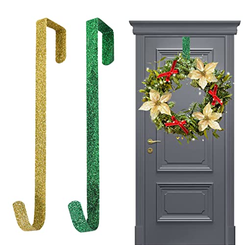 Rolin Roly 2Pcs Wreath Hanger,Front Door Punch Free Hook 12" Garland Hanger Christmas Wreath Hanging Hooks for Easter Decorations Home Office Wall Wedding Wreaths Decor (Green+Gold)