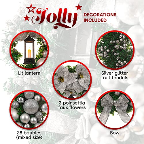 Christmas Village 40cm Holly Wreath With Bows, Baubles And Lantern â Perfect for Hanging on Wall, Door, Window, Conservatory - Festive Decoration Christmas, Holiday, Decor (Grey/Silver)