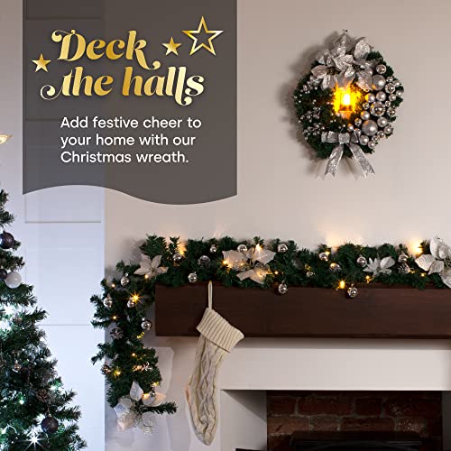 Christmas Village 40cm Holly Wreath With Bows, Baubles And Lantern â Perfect for Hanging on Wall, Door, Window, Conservatory - Festive Decoration Christmas, Holiday, Decor (Grey/Silver)