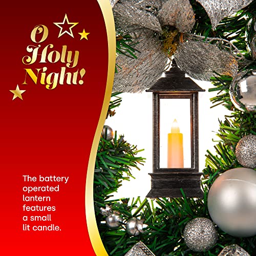 Christmas Village 40cm Holly Wreath With Bows, Baubles And Lantern â Perfect for Hanging on Wall, Door, Window, Conservatory - Festive Decoration Christmas, Holiday, Decor (Grey/Silver)