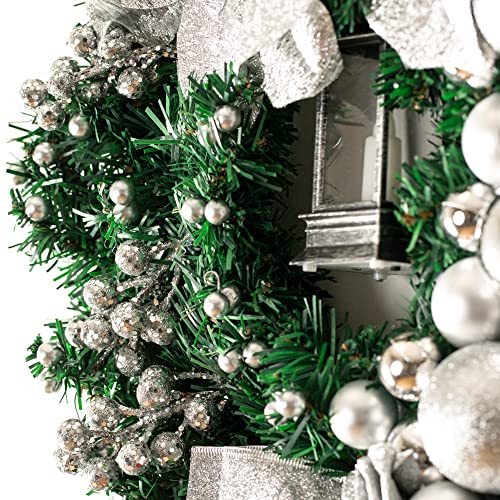 Christmas Village 40cm Holly Wreath With Bows, Baubles And Lantern â Perfect for Hanging on Wall, Door, Window, Conservatory - Festive Decoration Christmas, Holiday, Decor (Grey/Silver)