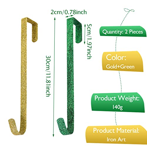 Rolin Roly 2Pcs Wreath Hanger,Front Door Punch Free Hook 12" Garland Hanger Christmas Wreath Hanging Hooks for Easter Decorations Home Office Wall Wedding Wreaths Decor (Green+Gold)