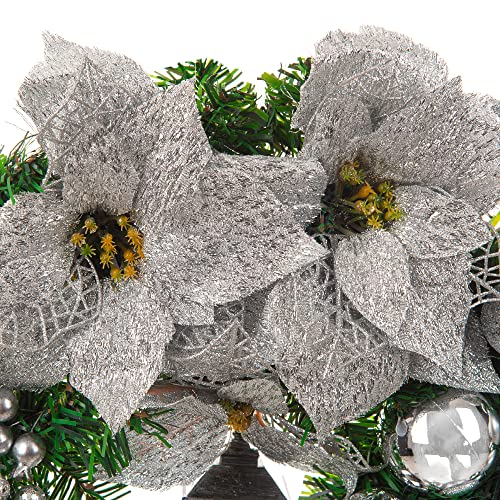 Christmas Village 40cm Holly Wreath With Bows, Baubles And Lantern â Perfect for Hanging on Wall, Door, Window, Conservatory - Festive Decoration Christmas, Holiday, Decor (Grey/Silver)