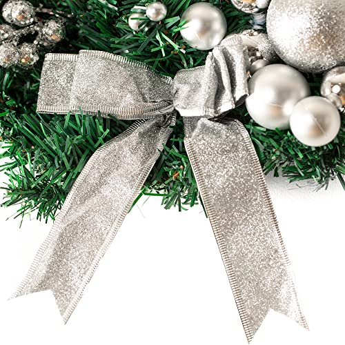 Christmas Village 40cm Holly Wreath With Bows, Baubles And Lantern â Perfect for Hanging on Wall, Door, Window, Conservatory - Festive Decoration Christmas, Holiday, Decor (Grey/Silver)