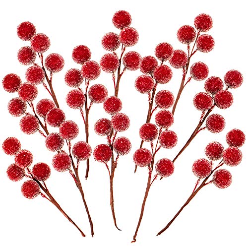 Whaline Christmas Artificial Berries Red Frosted Holly Berry Stems Christmas Berry Picks Christmas Wreath Decoration Supplies for Garland Xmas Tree Crafts Gift Home Wedding Holiday Party, 12 Pack