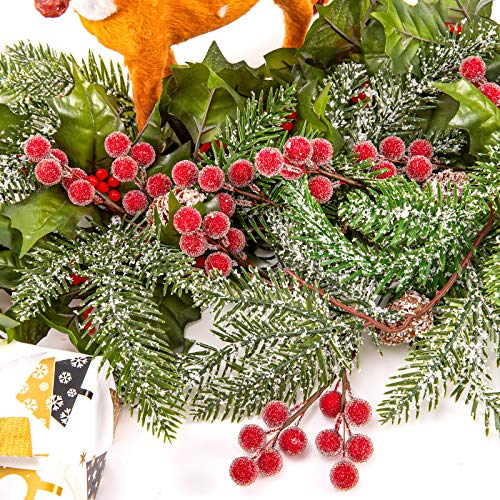Whaline Christmas Artificial Berries Red Frosted Holly Berry Stems Christmas Berry Picks Christmas Wreath Decoration Supplies for Garland Xmas Tree Crafts Gift Home Wedding Holiday Party, 12 Pack