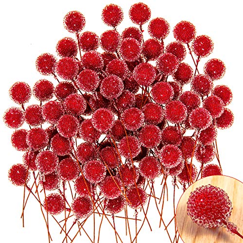Whaline Artificial Frosted Holly Berries Christmas Frosted Berry Picks Red Mini Fruit Berry Flower Ornament for Xmas Tree Wreath Garland DIY Craft Home Wedding Christmas Winter Party Decor, 100Pcs