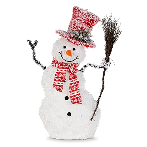Christmas Village Light up Snowman Decoration Red And White Scarf ,Broom and Hat -  35 LEDs Warm Light
