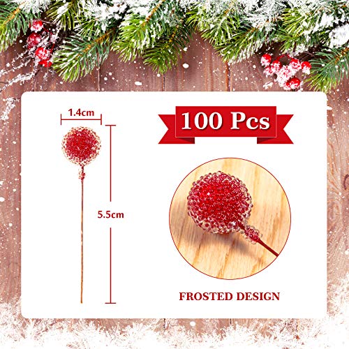 Whaline Artificial Frosted Holly Berries Christmas Frosted Berry Picks Red Mini Fruit Berry Flower Ornament for Xmas Tree Wreath Garland DIY Craft Home Wedding Christmas Winter Party Decor, 100Pcs