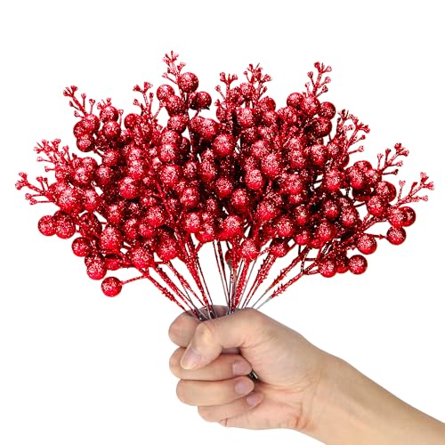 KKSTY 16 Pcs Christmas Red Glitter Berries Stems, Artificial Berry Picks Sprays Holly Berries Twigs Branches for Diy Crafts Wreath Making Supplies Christmas Tree Decoration Holiday Home Decor