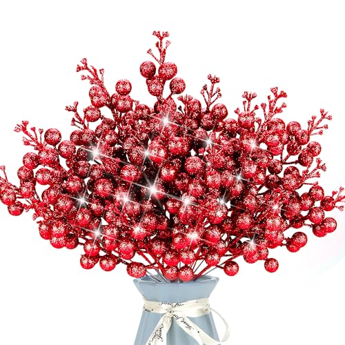 KKSTY 16 Pcs Christmas Red Glitter Berries Stems, Artificial Berry Picks Sprays Holly Berries Twigs Branches for Diy Crafts Wreath Making Supplies Christmas Tree Decoration Holiday Home Decor