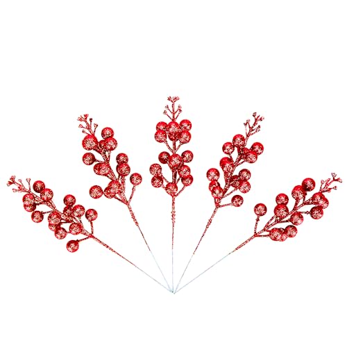 KKSTY 16 Pcs Christmas Red Glitter Berries Stems, Artificial Berry Picks Sprays Holly Berries Twigs Branches for Diy Crafts Wreath Making Supplies Christmas Tree Decoration Holiday Home Decor