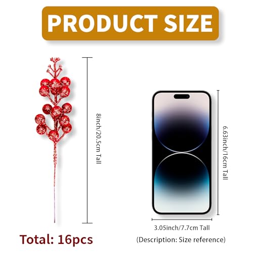 KKSTY 16 Pcs Christmas Red Glitter Berries Stems, Artificial Berry Picks Sprays Holly Berries Twigs Branches for Diy Crafts Wreath Making Supplies Christmas Tree Decoration Holiday Home Decor