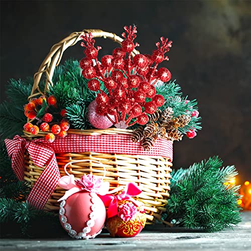 KKSTY 16 Pcs Christmas Red Glitter Berries Stems, Artificial Berry Picks Sprays Holly Berries Twigs Branches for Diy Crafts Wreath Making Supplies Christmas Tree Decoration Holiday Home Decor
