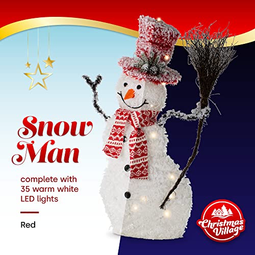 Christmas Village Light up Snowman Decoration Red And White Scarf ,Broom and Hat -  35 LEDs Warm Light