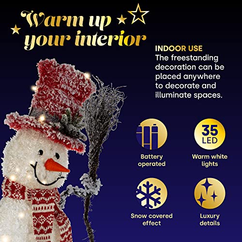Christmas Village Light up Snowman Decoration Red And White Scarf ,Broom and Hat -  35 LEDs Warm Light