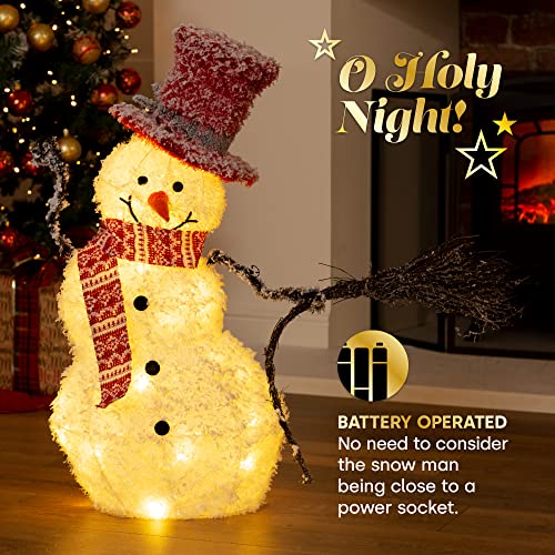 Christmas Village Light up Snowman Decoration Red And White Scarf ,Broom and Hat -  35 LEDs Warm Light