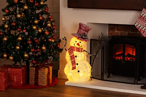 Christmas Village Light up Snowman Decoration Red And White Scarf ,Broom and Hat -  35 LEDs Warm Light