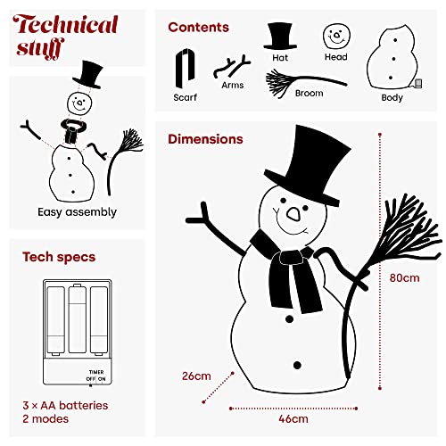 Christmas Village Light up Snowman Decoration Red And White Scarf ,Broom and Hat -  35 LEDs Warm Light