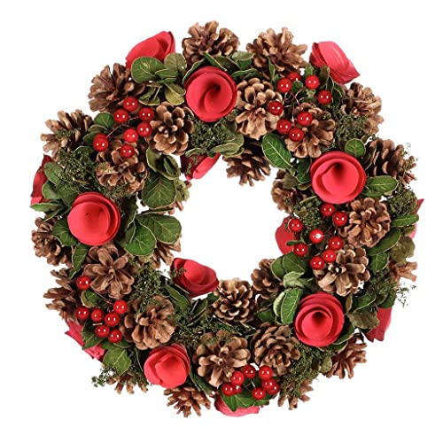 Winter Red Wreath Large 14" Decorated With Roses, Berries And Pinecone Front Door/ Wall Hanging