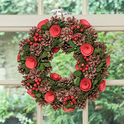 Winter Red Wreath Large 14" Decorated With Roses, Berries And Pinecone Front Door/ Wall Hanging
