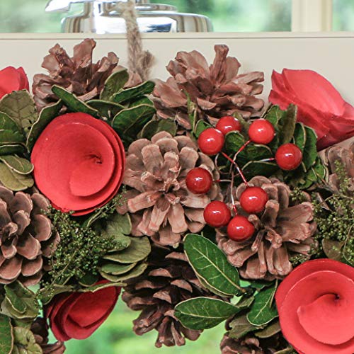 Winter Red Wreath Large 14" Decorated With Roses, Berries And Pinecone Front Door/ Wall Hanging