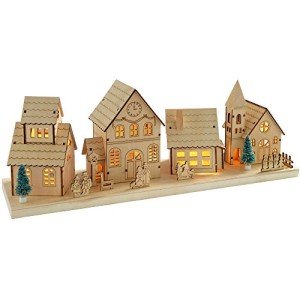 Festive Pre-Lit Wooden Village Scene with Warm LED Lights