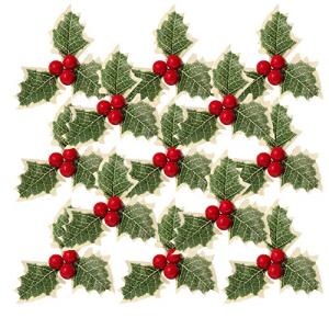 30pcs Christmas Simulation Holly Berries with Green Leaves,Artificial Holly Berry Green Leaves for Wedding Christmas Wreath Arrangement,Cake Toppers Craft Party Decorations,Artificial Red Fruit