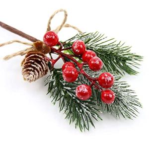 Feizeisun 10PCS Glitter Red Christmas Berries Stems Toppers Artificial Pine Picks and Sprays Holly Xmas Berry Picks with Pinecones Christmas Foliage for Crafts Garland Wreath Home Decor