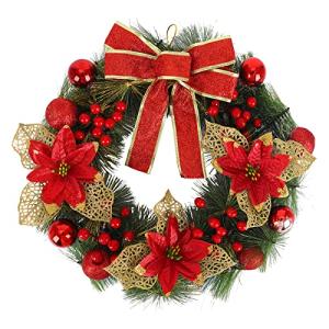 Gukasxi 15.7 Inch Christmas Wreath for Front Door, Artificial Christmas Hanging Wreath Garland with Red Xmas Ball Berries and Bow, Merry Christmas Wreath Xmas Indoor Outdoor Home Decorative Wreath