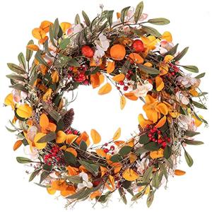 Artificial Fall Wreath, 22 inch Front Door Wreath with Pumpkin Berries Pine Cone and Maple Leaf for Autumn Halloween Thanksgiving Day Front Door Wall Hanging Home Decor