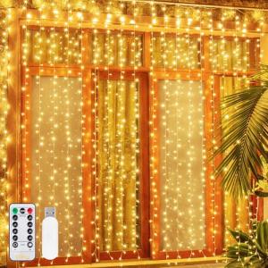 Ollny Curtain Lights Indoor - 300 LED 3m x 3m Outdoor Fairy Lights USB Powered Waterproof Warm White String Lights with 8 Modes/Timer/Remote for Bedroom/Outside/Wall/Door/Gazebo/Garden Decorations