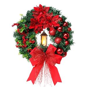 【2023 New】 40cm Pre Lit Christmas Wreaths for Front Door with Lights Lamp, Light Up Artificial Wreaths for Window Fireplace Wall Berries Balls Decor Indoor Outdoor Home Christmas Decorations (16inch)