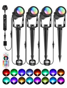 GreenClick Garden Spot Lights, Color Changing Garden Lights Mains Powered Waterproof, RGB Outdoor Spotlight Plug-in Outside Lights, 12V Timer Memory Remote for Wall Yard Landscape Christmas, 4 Pack