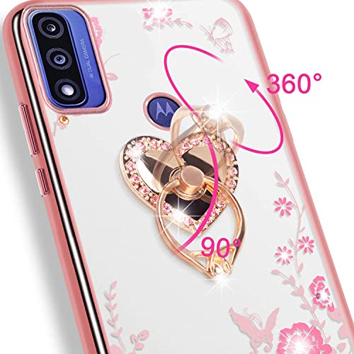 Motorola Moto G Phone Case for Women, Glitter Floral Slim Cover + Kickstand, Rose Gold