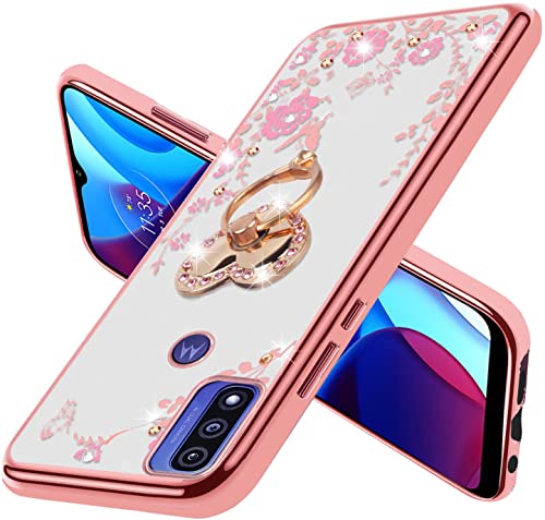 Motorola Moto G Phone Case for Women, Glitter Floral Slim Cover + Kickstand, Rose Gold