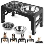 Jovrun Elevated Dog Bowls for Medium Large Size Dogs, Non-Slip Dog Feeder with 1*Stainless Steel Dishes & 1*Slow Feeder Bowl, 5 Heights Adjustable Raised Bowls to 3.15″-8.66″-9.84″-11.02″-12.2″