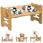Jovrun Elevated Dog Bowls, Adjustable Raised Dog Bowl Stand for Small Size Dogs and Cats, 15°Tilted Elevated Cat Bowls, Durable Bamboo Dogs Feeder with 2 Stainless Steel Bowls and Non-Slip Feet
