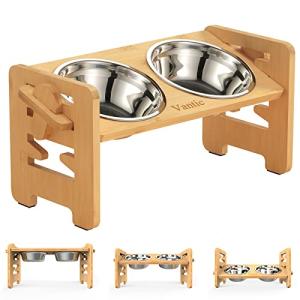 Vantic Elevated Dog Bowls, Adjustable Raised Dog Bowl Stand for Small Puppy and Cats, Sturdy Bamboo Pet Food Feeder with 2 Stainless Steel Dishes, Natural