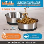 Master Pet Supply Stainless Steel Dog Bowls Set of 2 with Extra Thick Silicone Base - 2 Cup (16 oz) Black Velvet, Non-Slip, Dishwasher Safe Metal Bowls, Pet Dog Food Bowl for Dogs, Cats, Anti Rust