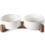 Dog Bowls Ceramic for Small Medium Dogs - 3-Cup Dual Food & Water Bowl Set with Acacia Wood Stand, Non-Slip Anti-Tip Elevated Design