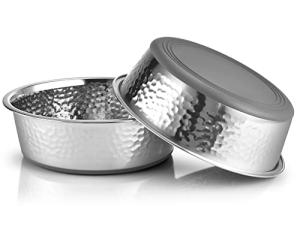 URBUDDIES 2 Pack Hammered Stainless Steel Dog Bowls, Premium Metal Dog Bowls with Non Slip Rubber Bottom, Dishwasher Safe, Easy to Clean, 8 Cup, Gray Bottom
