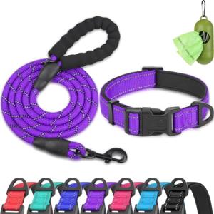 Dynmeow Reflective Dog Collar and Leash Set, 6FT Strong Climbing Rope Leash with Padded Handle, Adjustable Pet Collar with Soft Neoprene Padding for Medium Large Dogs, Purple, M